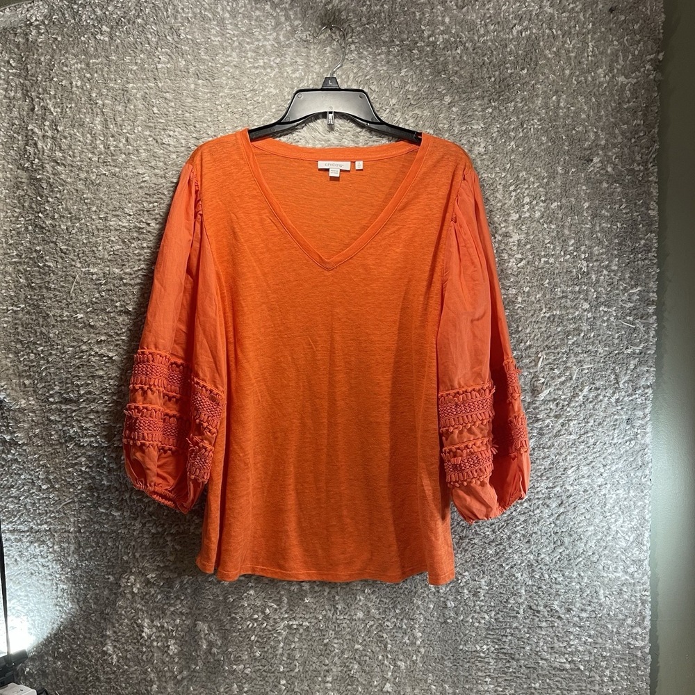Chico's Linen Puff Detailed 3/4 Sleeve 3, XL Top Boho Coastal‎ Preppy Colorful